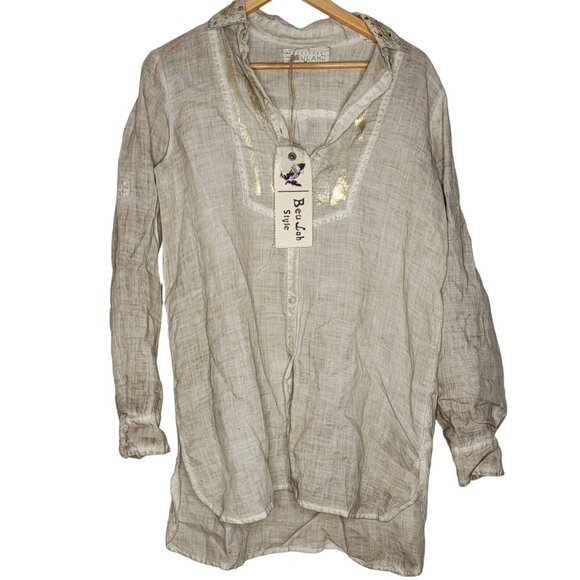 Beulah Style NEW Medium Beige Button Down Roll Tab Sleeve Women's‎ Top - Picture 1 of 6